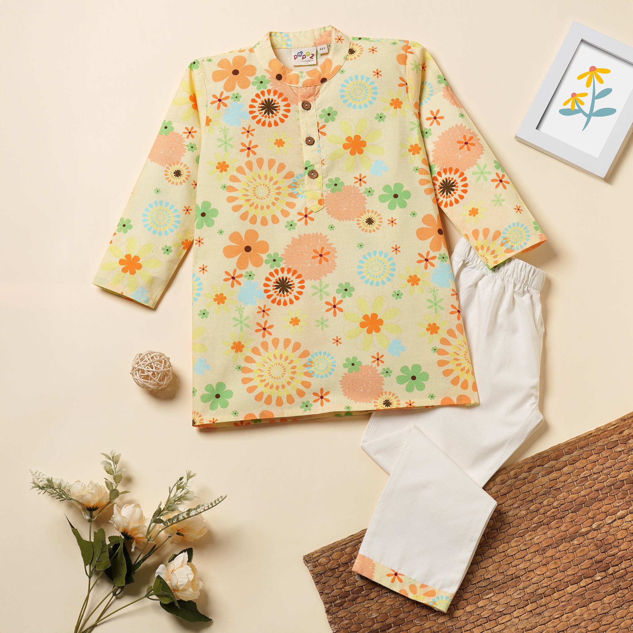 Babyhug 100% Cotton Woven Full Sleeves Kurta with Pyjama Set Floral Print - Blue