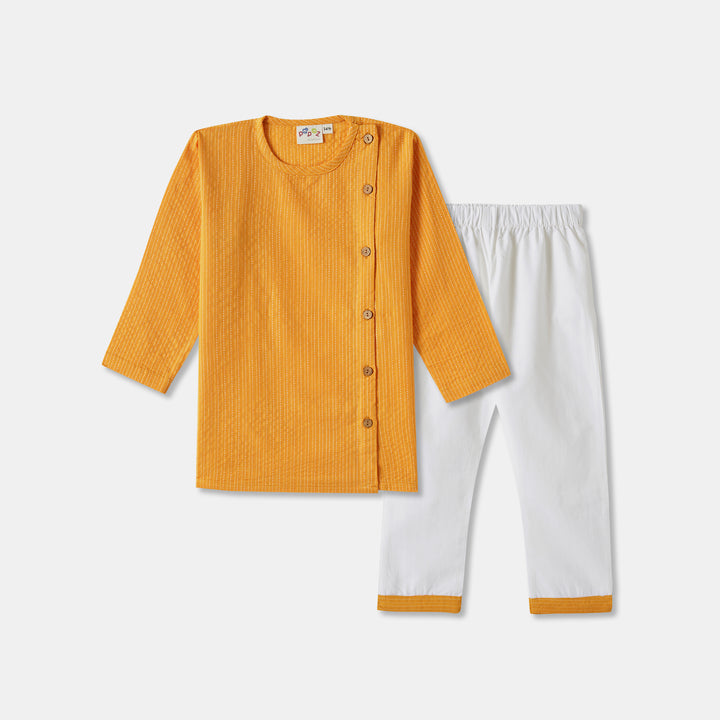 Kurta Pajama - Yellow Katha Stitched Embroidered with Side Cut