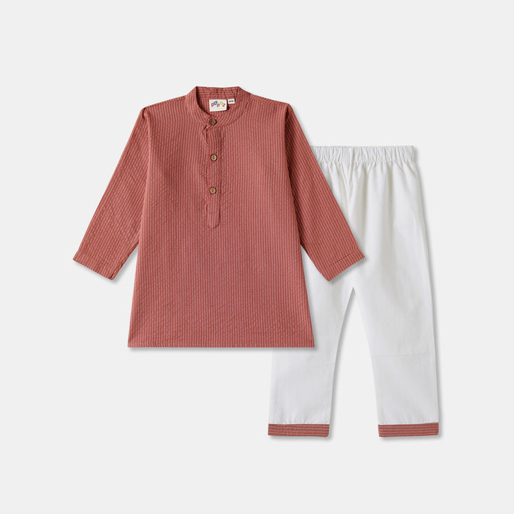 Kurta Pajama - Brown Katha Stitched Embroidered with Middle Cut