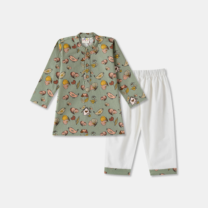 Kurta Pajama - Green Butterfly Print