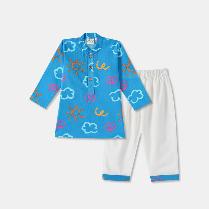 Kurta Pajama - Blue Sun and Clouds Print
