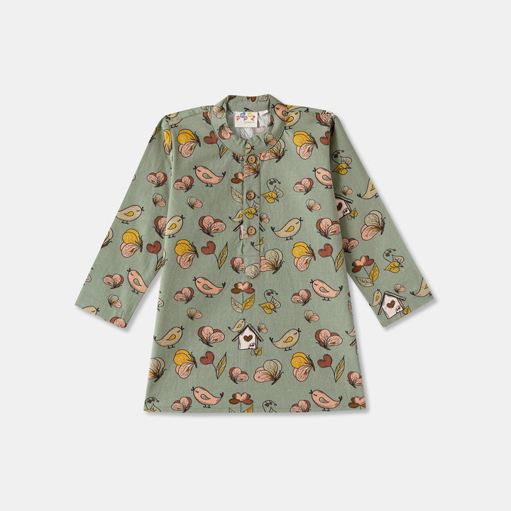 Kurta Pajama - Green Butterfly Print