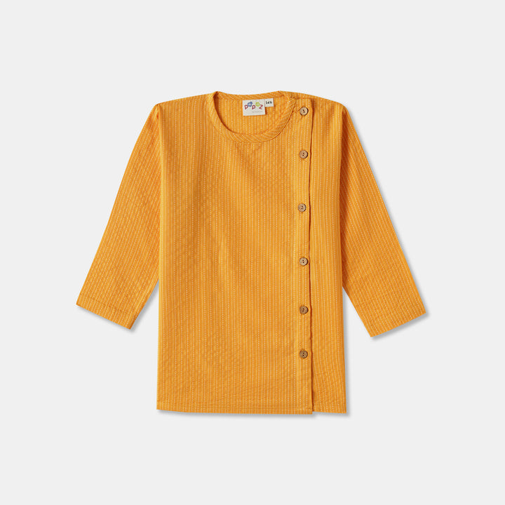 Kurta Pajama - Yellow Katha Stitched Embroidered with Side Cut