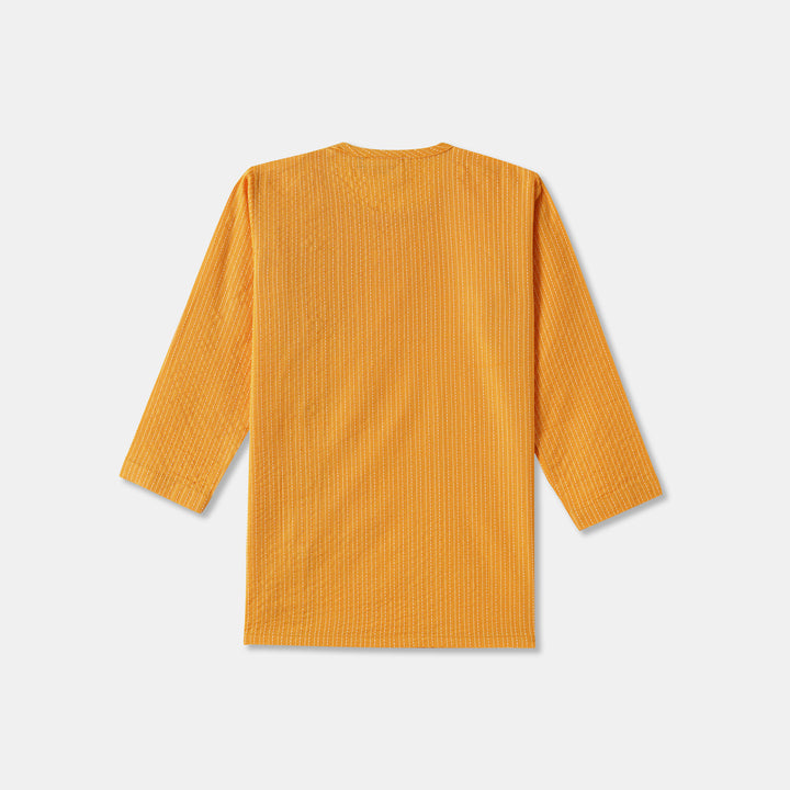 Kurta Pajama - Yellow Katha Stitched Embroidered with Side Cut