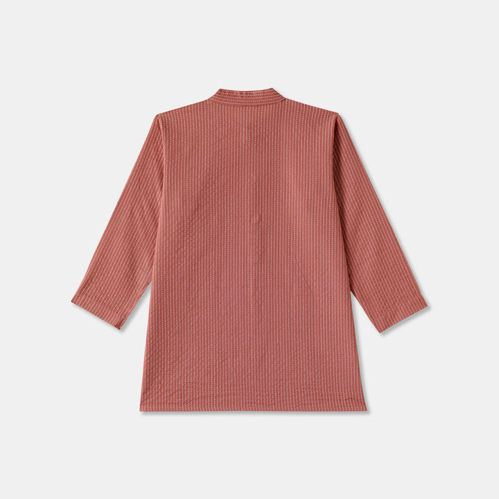 Kurta Pajama - Brown Katha Stitched Embroidered with Middle Cut