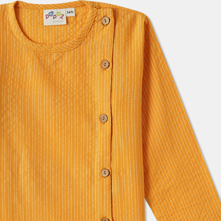 Kurta Pajama - Yellow Katha Stitched Embroidered with Side Cut