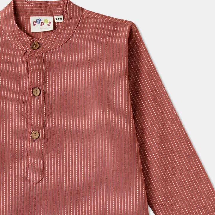 Kurta Pajama - Brown Katha Stitched Embroidered with Middle Cut