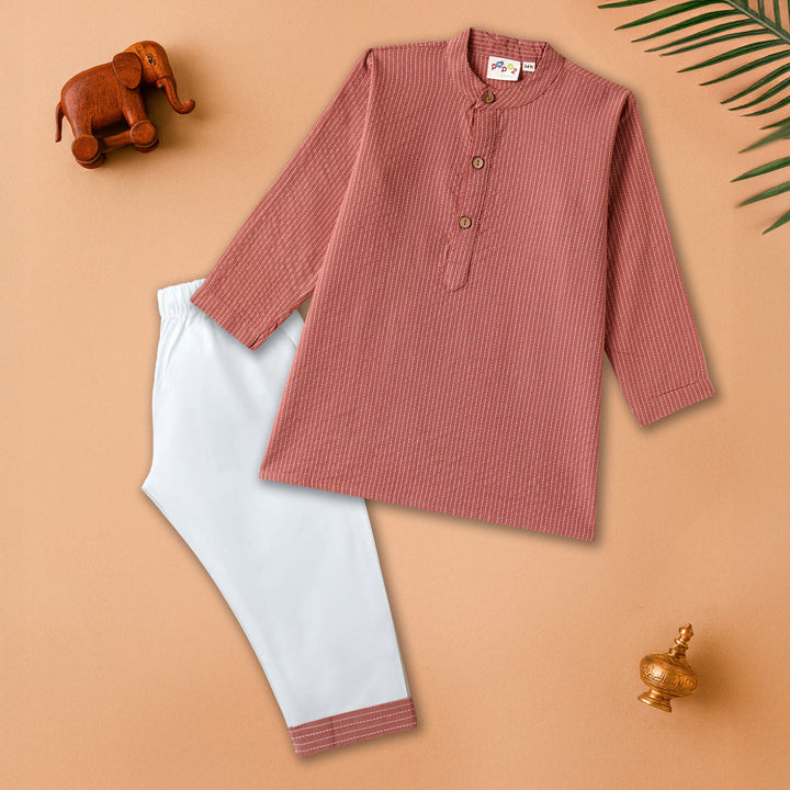 Kurta Pajama - Brown Katha Stitched Embroidered with Middle Cut
