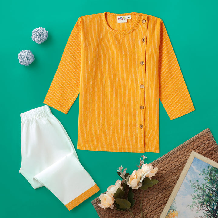 Kurta Pajama - Yellow Katha Stitched Embroidered with Side Cut