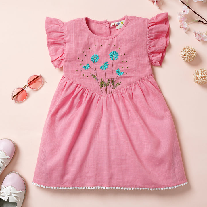 Pink Cotton Frocks with Floral Embroidery