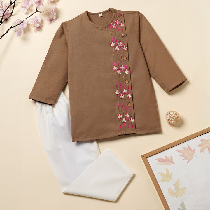 Kurta Pajama - Brown Embroidered with side cut