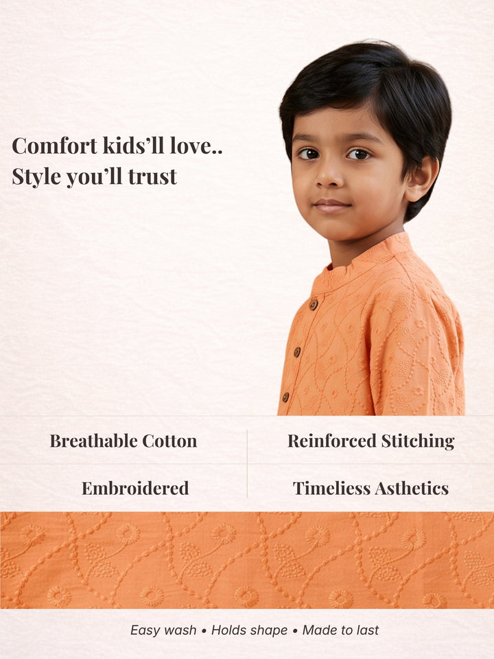 Peach Schiffli Embroidered Kurta Pajama
