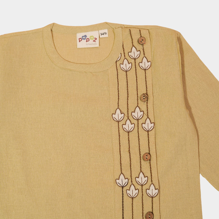 Kurta Pajama - Beige Embroidered with side cut