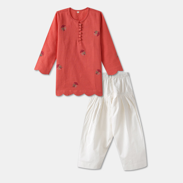 Kurta and Pajama (Dhoti Style) - Orange Embroidered with scallop pattern