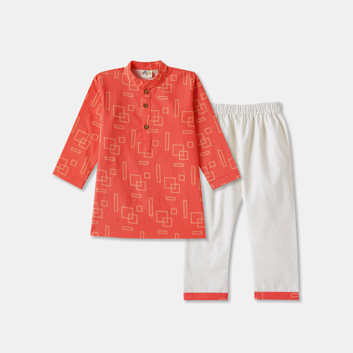 Coral Geometric Shapes Print Kurta Pajama Set