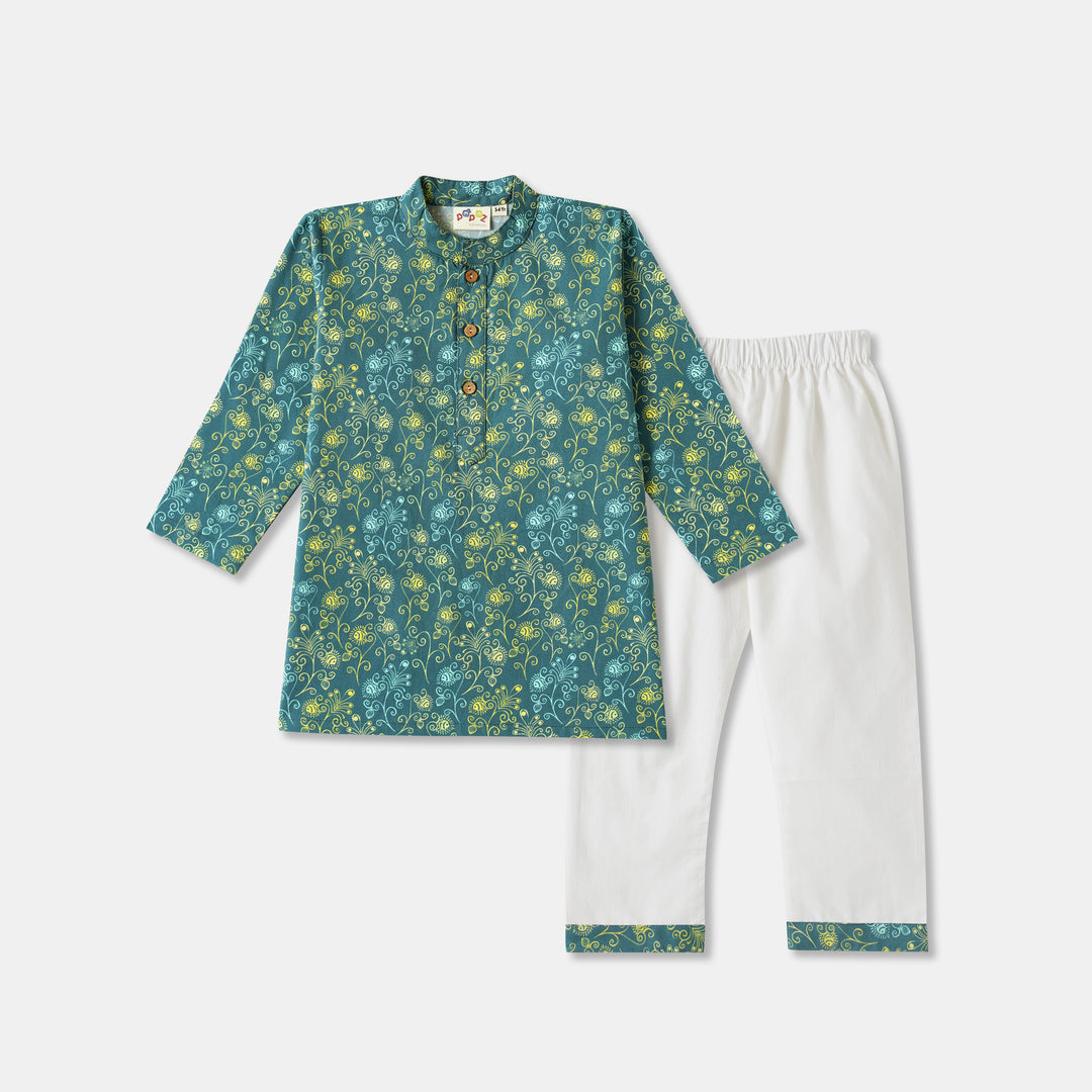 Teal Floral Vine Print Kurta Pajama Set