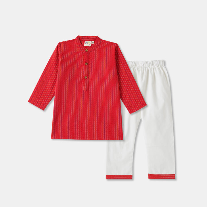 Kurta Pajama - Red Katha Stitched Embroidered with Middle Cut