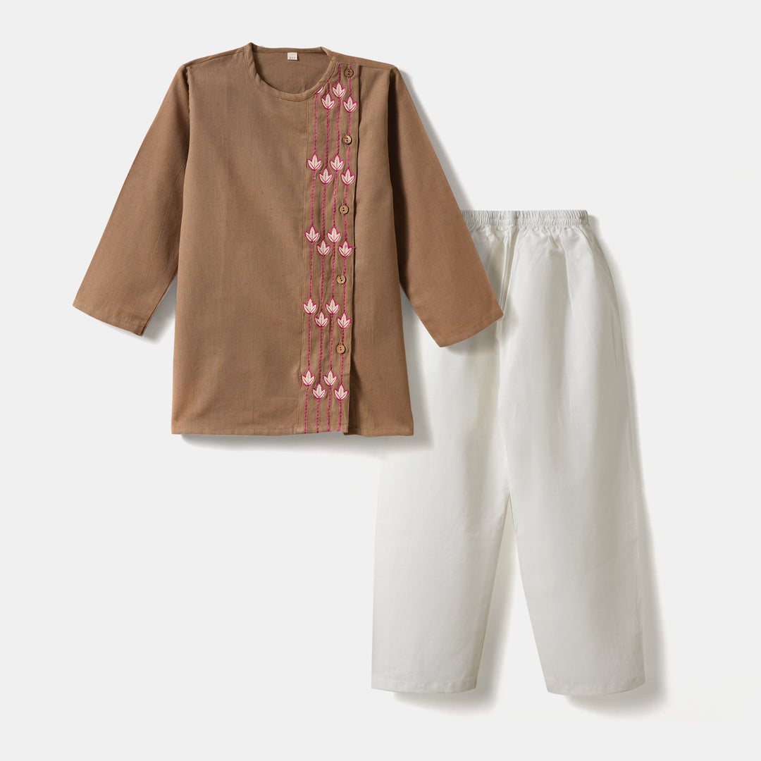 Kurta Pajama - Brown Embroidered with side cut