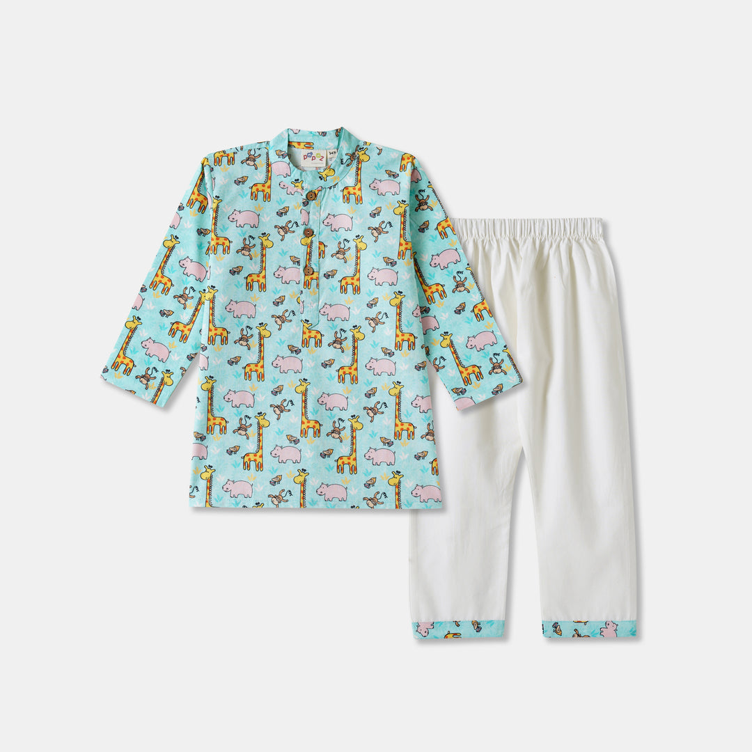 Giraffe & Hippo Print Kurta Pajama Set