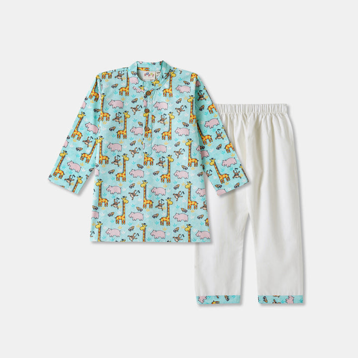 Giraffe & Hippo Print Kurta Pajama Set