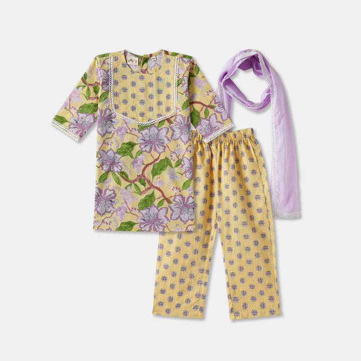 Yellow Floral Kurti Pajama & Dupatta