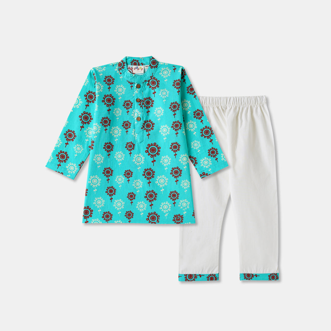 Teal Floral Motif Print Kurta Pajama Set