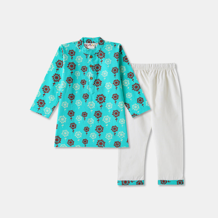 Teal Floral Motif Print Kurta Pajama Set