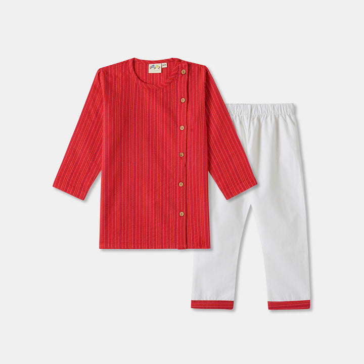 Kurta Pajama - Red Katha Stitched Embroidered with Side Cut