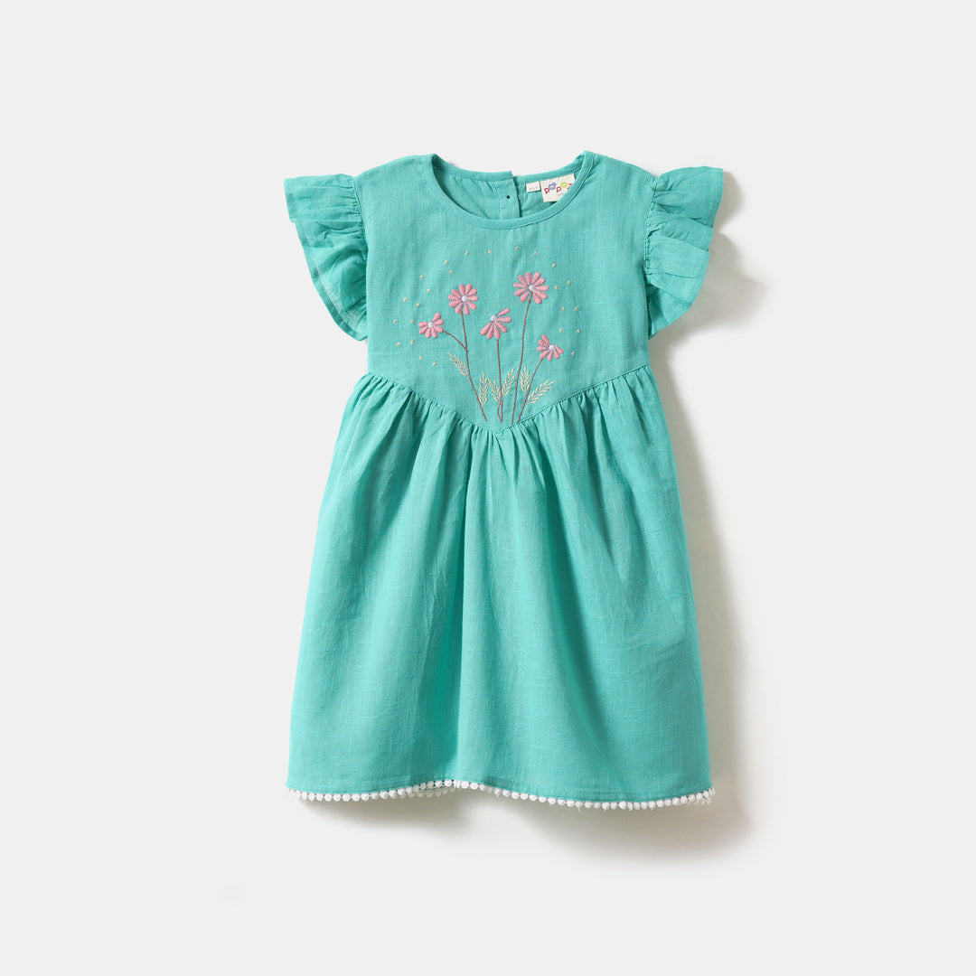 Teal Cotton Frocks with Floral Embroidery