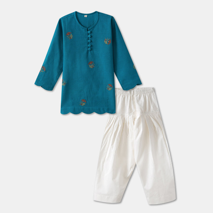 Kurta and Pajama (Dhoti Style) - Blue Embroidered with scallop pattern