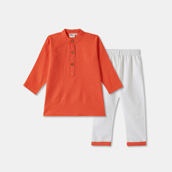 Kurta Pajama - Orange Katha Stitched Embroidered with Middle Cut