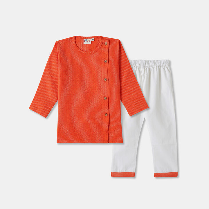 Kurta Pajama - Orange Katha Stitched Embroidered with Side Cut