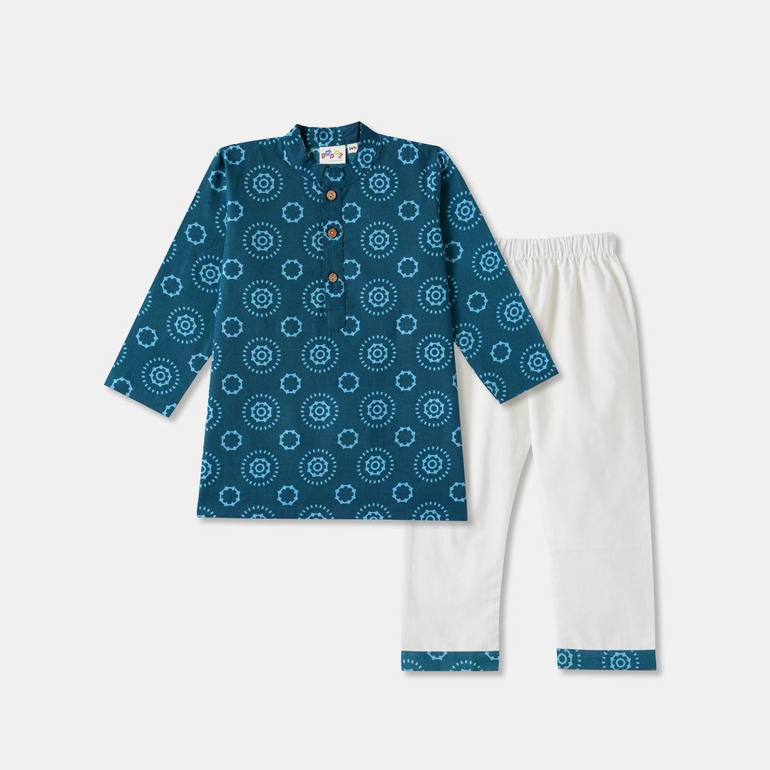 Navy Blue Mandala Cirlce Print Kurta Pajama Set