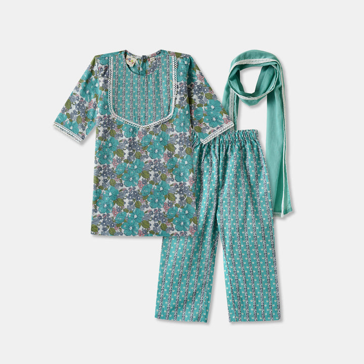Blue Floral Kurti Pajama & Dupatta