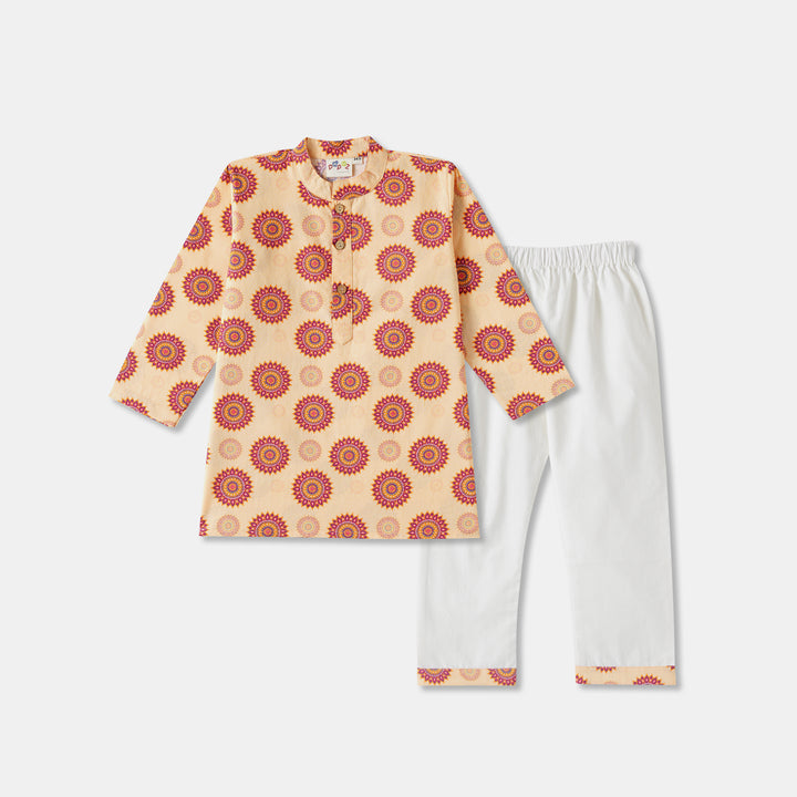 Peach Floral Motif Print Kurta Pajama Set