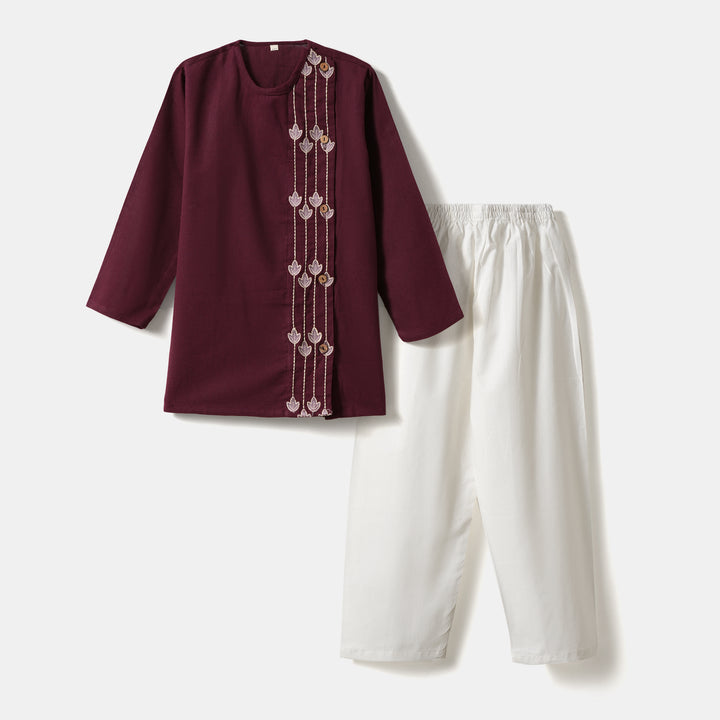 Kurta Pajama - Maroon Embroidered with side cut