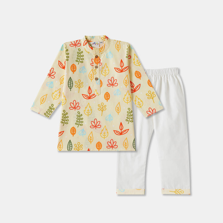 Yellow Fern & Leaves Print Kurta Pajama Set