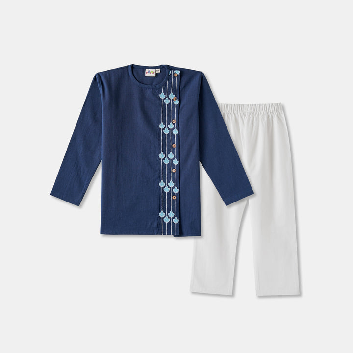 Kurta Pajama - Navy Blue Embroidered with side cut