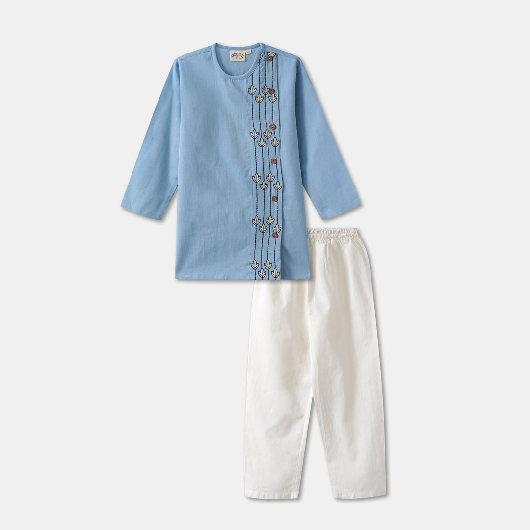 Kurta Pajama - Blue Embroidered with side cut