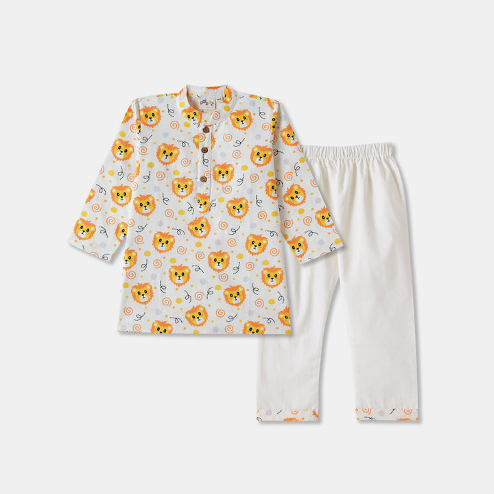 Cute Lion Faces Print Kurta Pajama Set