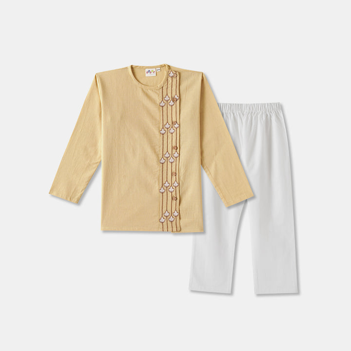 Kurta Pajama - Beige Embroidered with side cut