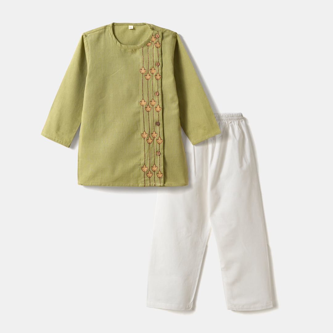 Kurta Pajama - Green Embroidered with side cut