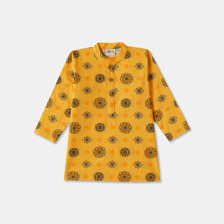 Golden Floral Motif Print Kurta Pajama Set