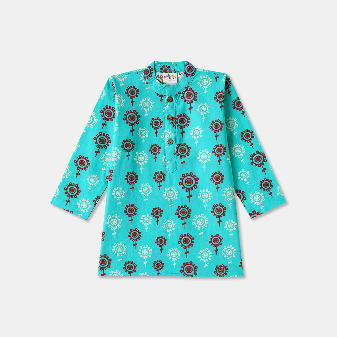 Teal Floral Motif Print Kurta Pajama Set
