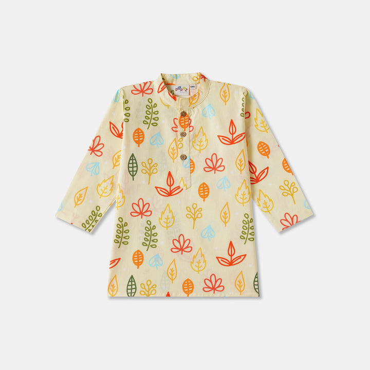 Yellow Fern & Leaves Print Kurta Pajama Set
