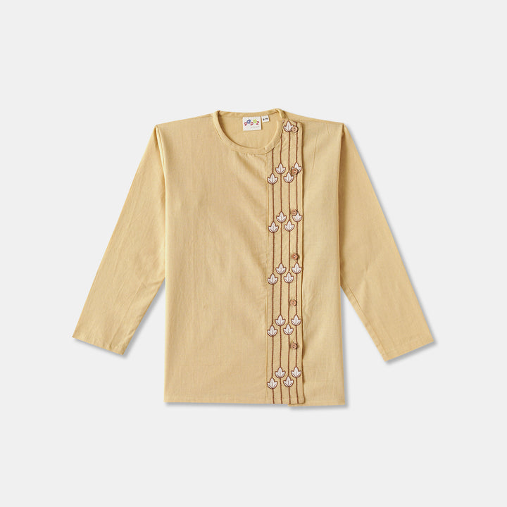 Kurta Pajama - Beige Embroidered with side cut