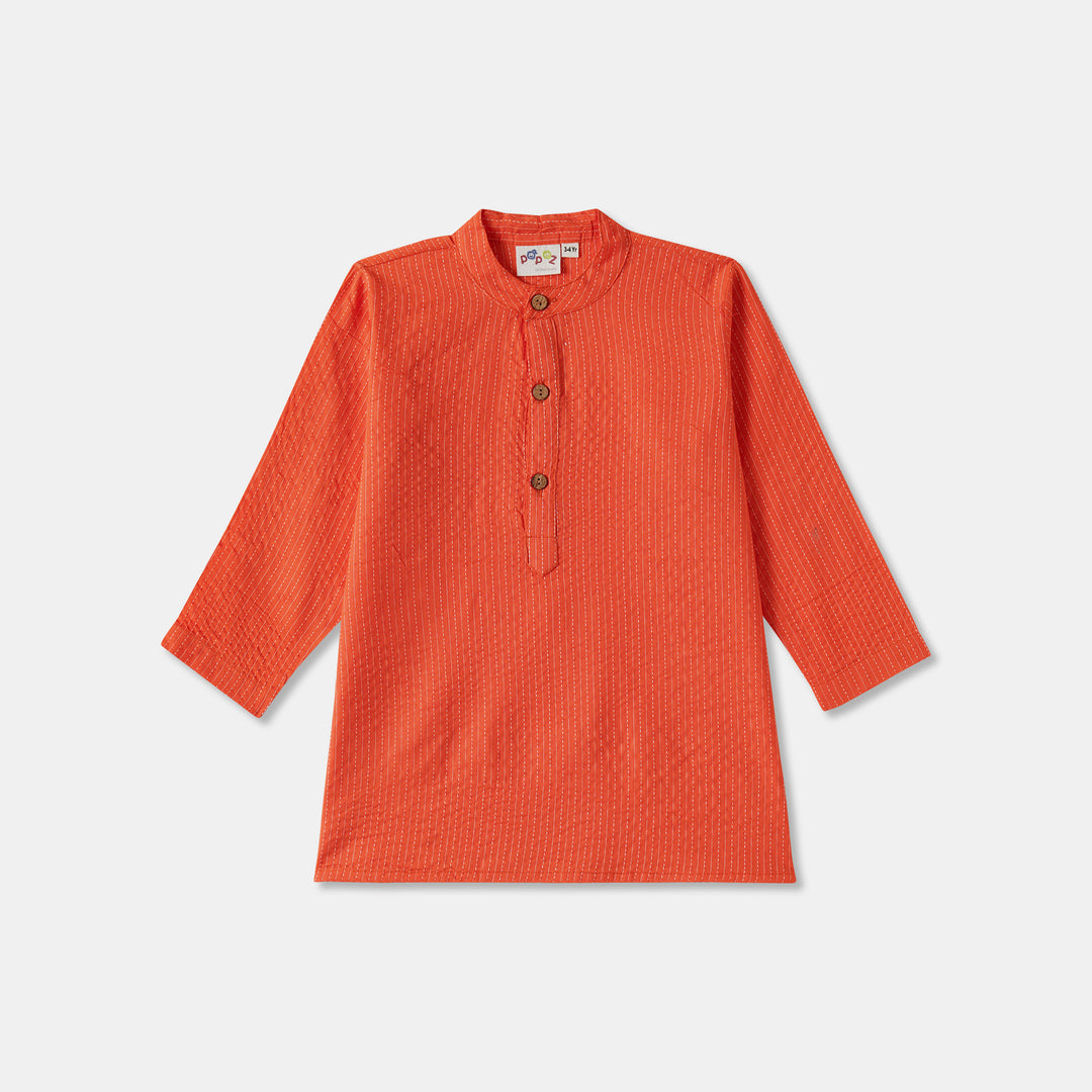 Kurta Pajama - Orange Katha Stitched Embroidered with Middle Cut