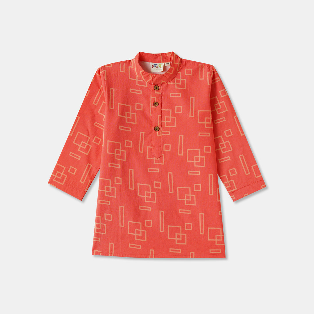 Coral Geometric Shapes Print Kurta Pajama Set