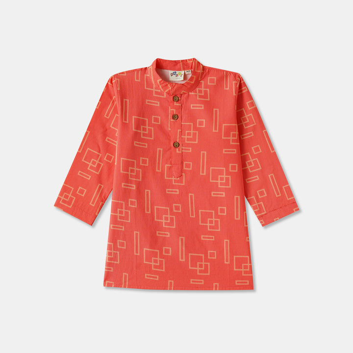 Coral Geometric Shapes Print Kurta Pajama Set