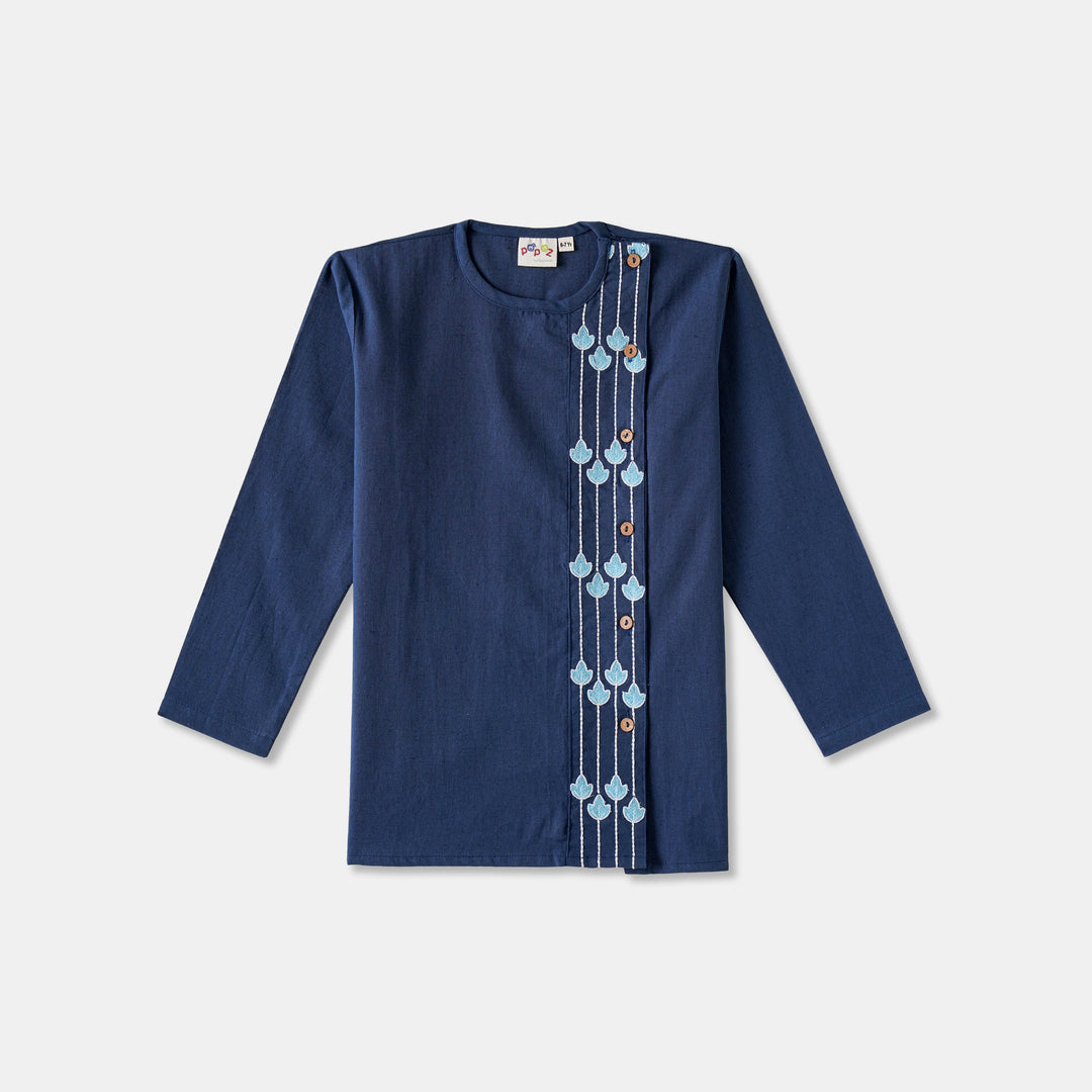Kurta Pajama - Navy Blue Embroidered with side cut